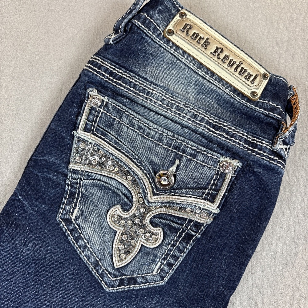 Rock Revival LENI Low-Rise‎ Easy Boot Jeans Rhinestone Sequin Stretch 29 (32X36)